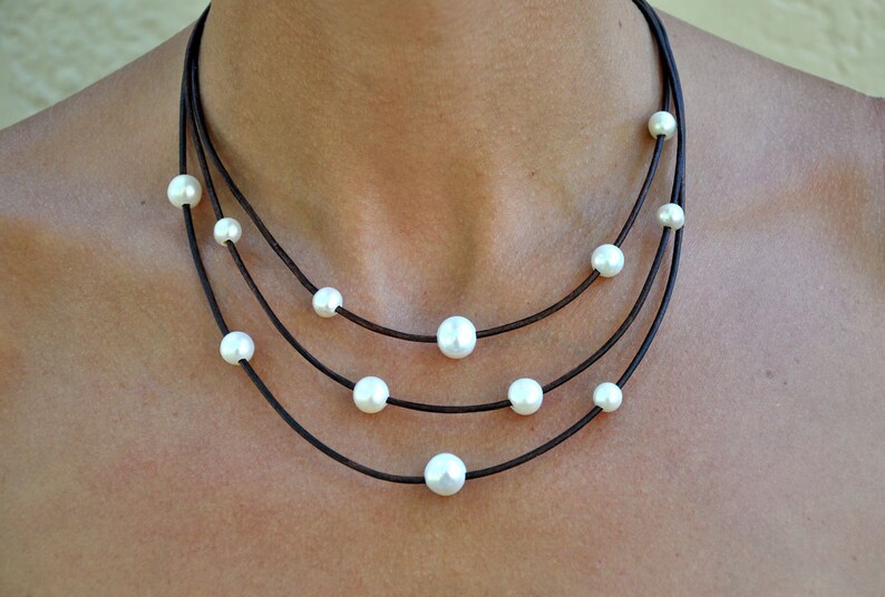 Leather and Pearl Necklace 3 Strand Necklace Pearl and Etsy