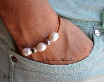 Pearl and Leather Bracelet - Three Pearl and Silver Bracelet - Leather Bracelet with Freshwater Pearls and Silver - Leather Jewelry