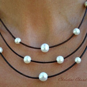 Leather and Pearl 3 Strand Necklace Pearl and Leather Necklace Pearl and Leather Jewelry Freshwater Pearl Necklace Peacock or White image 4