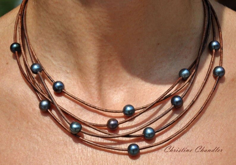 Pearl and Leather Necklace 5 Strand Leather and Pearl Necklace Leather and Pearl Jewelry Pearl and Leather Jewelry Leather Necklace image 3