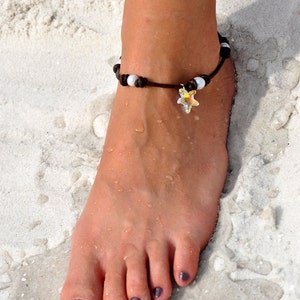 Leather and Pearl Anklet with Swarovski Crystal Starfish Pearl and Leather Jewelry Starfish Anklet Pearl and Leather Anklet Leather image 3