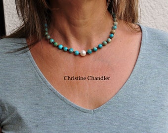 Turquoise Jasper on Leather and Pearl Necklace - Pearl and Leather Necklace - Turquoise Jasper Necklace - Leather Jewelry - Leather Necklace