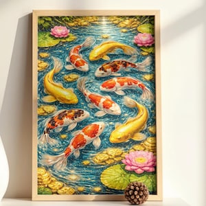 Affiche Feng Shui à imprimer (Téléchargement numérique) : 9 poissons koi et lotus