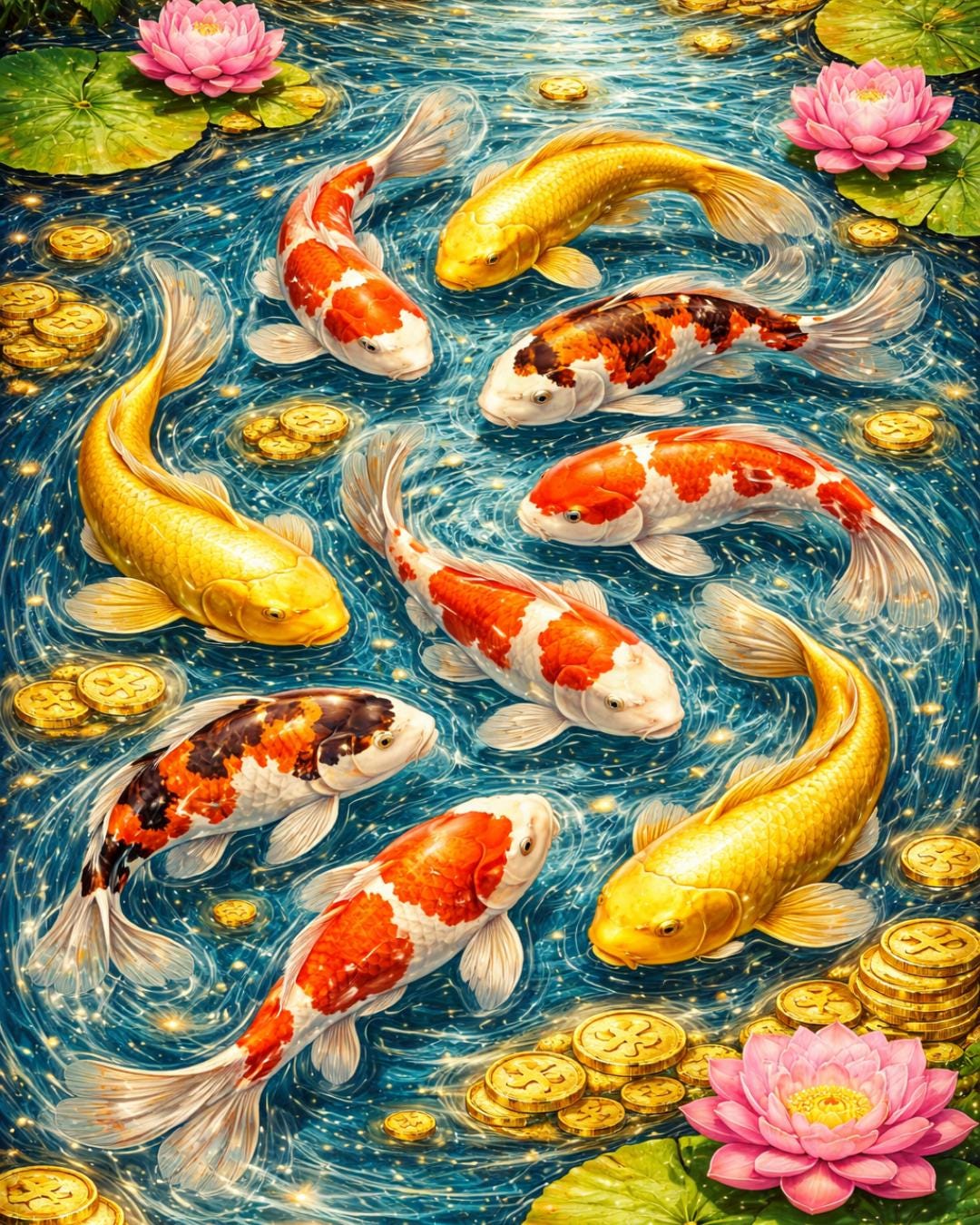 9 Koi Fish Prosperity Print, Feng Shui Wall Art, Lotus Gold Coins ...