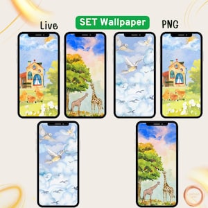 Watercolor Animated Phone Wallpaper Bundle, Live & Static PNG MP4, Cute Giraffe Birds Chicks Moving Background, iPhone Android Lockscreen