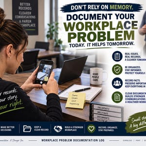 May include: A workplace documentation log poster featuring the text DON'T RELY ON MEMORY. DOCUMENT YOUR WORKPLACE PROBLEM. TODAY. IT HELPS TOMORROW. It includes icons for real issues, organization, facts, and documentation, plus a person using a smartphone.