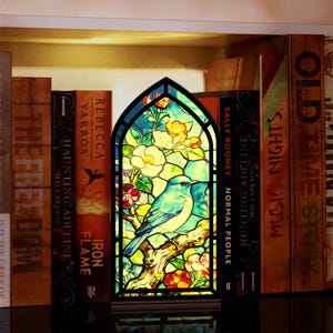 May include: A stained glass panel featuring a blue bird perched on a branch, surrounded by colorful flowers. The panel is set against a backdrop of books on a shelf, creating a decorative and artistic display.