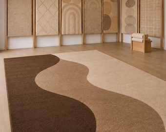 Modern Abstract Wavy Area Rug in Neutral Beige and Brown Tones, Contemporary Soft Carpet for Living Room, Bedroom or Minimalist Home Decor