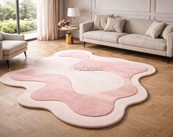 Abstrakter rosa Teppich für Wohnzimmer, moderne organische Form Teppich, weicher pastellfarbener Wohnkultur Bodenteppich für Schlafzimmer Lounge, minimaler Innenraum