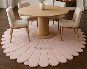 Alfombra redonda festoneada en suave color rosa ruborizado, moderna, con forma de pétalo floral, para comedor, dormitorio, guardería, acogedora, minimalista, decoración del hogar, alfombra llamativa.