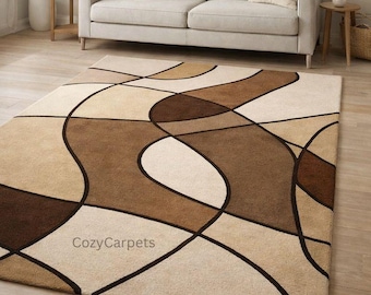 Neutral Abstract Area Rug Modern Brown Beige Geometric Pattern Carpet Minimalist Living Room Floor Rug Contemporary Home Decor