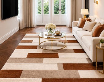 Handmade Modern Abstract Area Rug, Brown Beige Cream Geometric Carpet, Contemporary Living Room Decor, 9x12, Custom size rug