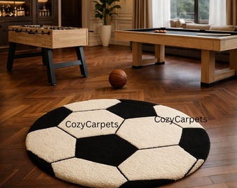 Alfombra redonda con diseño de balón de fútbol en blanco y negro, estilo deportivo moderno, ideal para la habitación de los niños, sala de juegos o como decoración. Alfombra divertida para el suelo de la sala de juegos, 8x8 pulgadas.