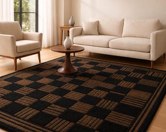 Black Brown Checkered Area Rug Modern Geometric Plush Carpet Contemporary Living Room Bedroom Floor Decor Accent Mat Soft