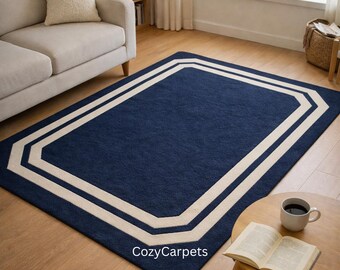Tapete azul-marinho com borda branca, tapete geométrico moderno para sala de estar, tapete grande e macio, estilo contemporâneo, para decoração de quarto, 9x12