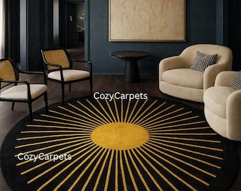 Handmade Black and Gold Sunburst Round Rug Modern Art Deco Area Carpet Luxury Living Decor  Contemporary Elegant rug ,8x8 ,custom size rug