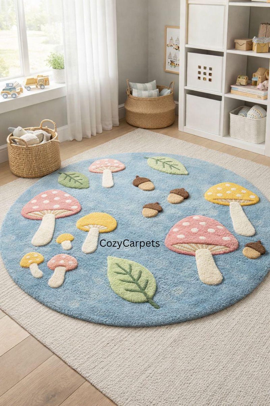 Kids Round Play Rug Mushroom Pattern Soft Blue Nursery Carpet Nice ...