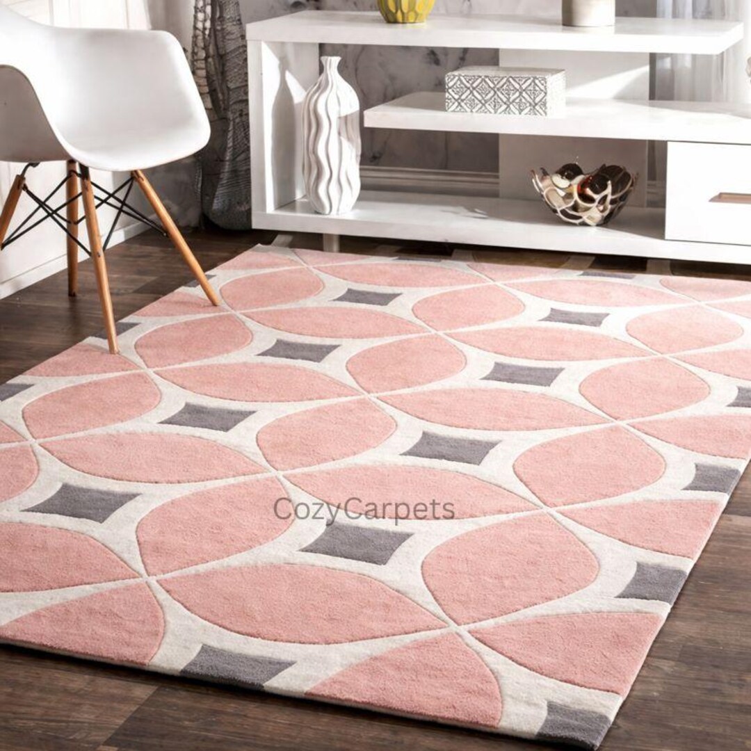 Blush Pink Geometric Area Rug Modern Abstract Pattern Carpet Soft Floor ...