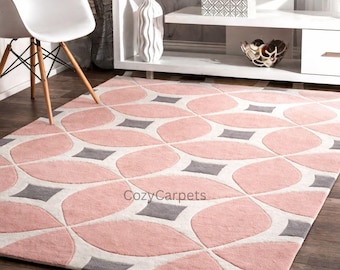 Hand-tufted rug Blush Pink Geometric Area Rug Modern Abstract Pattern Carpet Soft Mat for Living Room Bedroom Scandinavian Style Home Decor
