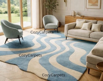 Blue Beige Abstract Area Rug Modern Wavy Pattern Carpet for Living Room Scandinavian Contemporary Home Decor Soft Floor Accent,9x12