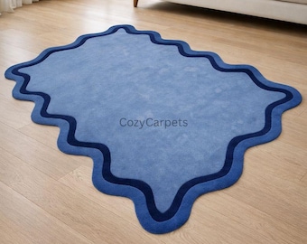 Modern Blue Scalloped Area Rug for Living Room, Soft Contemporary Floor Carpet with Wavy Border Design for Bedroom Home Decor