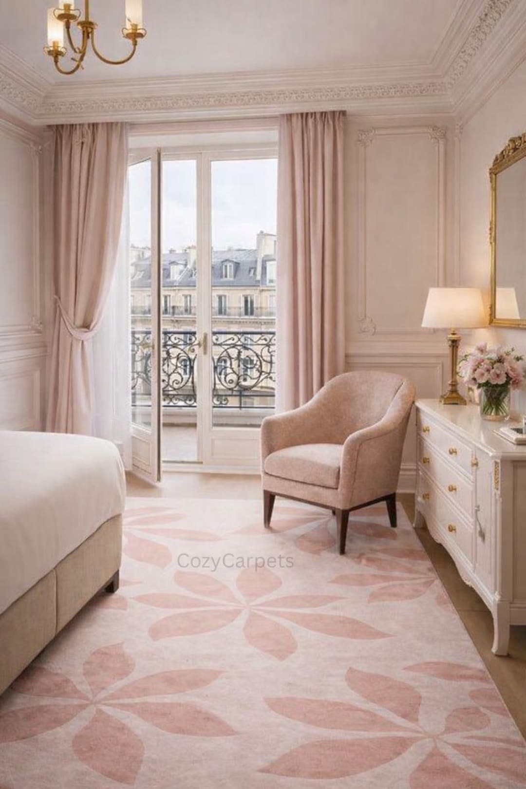 Blush Pink Floral Area Rug for Bedroom, Elegant Pastel Flower Carpet ...
