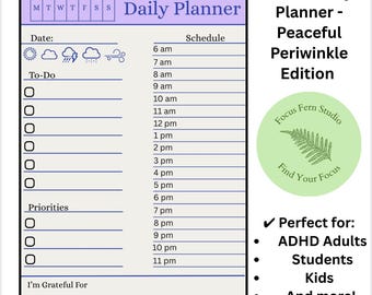 ADHD Daily Planner | Peaceful Periwinkle Edition | Neurodivergent Brain, Time Blocking Printable Planner (PDF)
