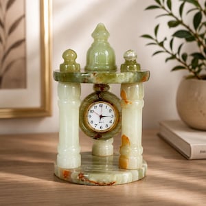 Handmade Natural Onyx Column Desk Clock, Quartz Stone Tabletop Decor