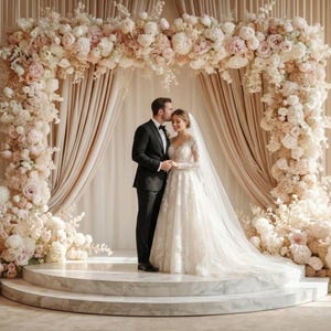 Puede incluir: Una ceremonia de boda con una pareja de pie en una plataforma de mármol. La novia lleva un vestido de novia de encaje de manga larga y velo. El novio viste un esmoquin negro. El telón de fondo incluye un arco floral y cortinas drapeadas.