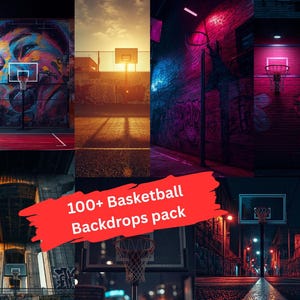May include: A collection of basketball court backdrops. The images feature basketball hoops in various urban settings, including graffiti-covered walls and under bridges. The text "100+ Basketball Backdrops pack" is visible.