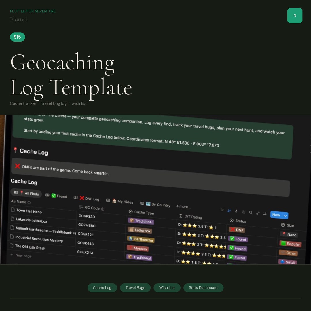 Geocaching Log Notion Template – Cache Tracker, Travel Bug Log (digital ...