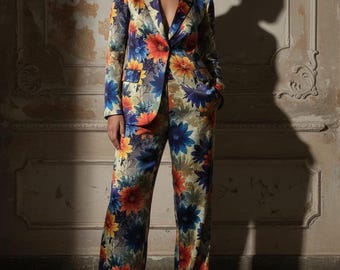 Custom Made Women's Floral Satin Pant Suit Set | Silk-Feel Blazer, Wide Leg Trousers