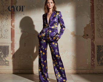 Custom Made Women's Floral Satin Pant Suit Set | Silk-Feel Blazer, Wide-Leg Trousers, 2 Piece