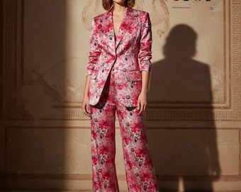 Custom Made Oversized Floral Satin Pant Suit | Silk-Feel Blazer, Wide-Leg Trousers, 2 Piece