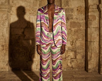 Custom Made Men's Psychedelic Wave Suit - Festival Blazer & Wide Leg Pants Set