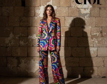 Custom Made Abstract Print Pantsuit | Silk-like Blazer & Trousers Set