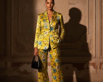 Floral Satin Pant Suit Set | Silk-Feel Women's Blazer & Wide-Leg Trousers
