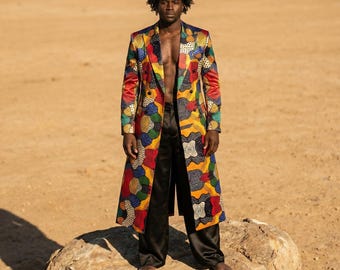 Men's Longline Satin Blazer • Abstract African Print Festival Duster