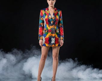Custom Satin Blazer Dress | Colorful Geometric Mini Tuxedo Dress | Abstract Print Double Breasted Jacket | Tailored Party Wear for Her