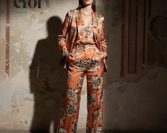 Custom Made Silk-Feel Satin Pant Suit Set | Women's Floral Blazer, Wide-Leg Trousers, 2 Piece