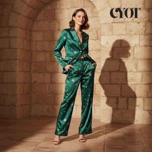 May include: A green satin suit patterned with pink stars. The suit comprises a blazer and matching trousers. The blazer features a notched collar and the trousers are wide-legged. The image also includes the text "CYOT".