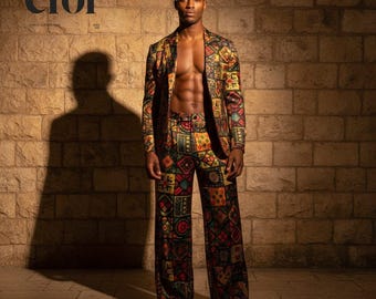Custom Made Men's Bohemian Suit | Geometric Print Blazer & Trousers