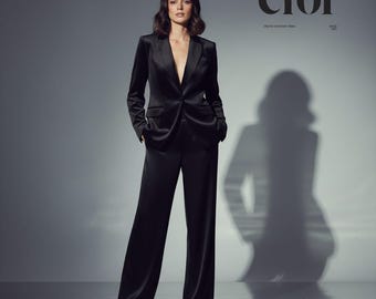 Custom Made Velvet Pant Suit Set | Women's Tuxedo Blazer, Wide-Leg Trousers, 2 Piece