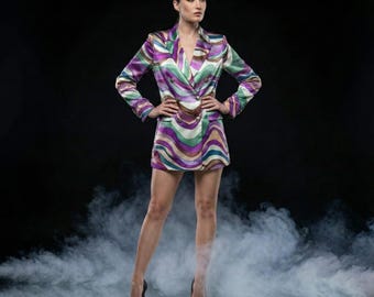 Custom Satin Blazer Dress | Retro Wavy Print Mini Jacket | Colorful Abstract 70s Psychedelic | Double Breasted Party Wear | Bespoke Tailored