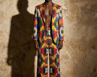 Custom Made Men's African Print Suit Set, Colorful Blazer & Wide Leg Pants