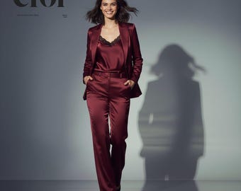 Custom Made Silk-Feel Satin Pant Suit Set | Women's Wide-Leg Trousers, Tuxedo Blazer, 2 Piece