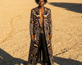 Mens Satin Duster Coat • Custom Tailored Abstract Art • Rave Burning Man Blazer