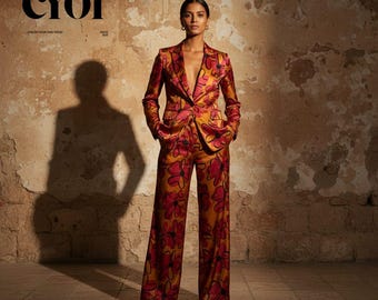 Custom Made Floral Print Pant Suit | Silk-Like Blazer, Wide Leg Trousers