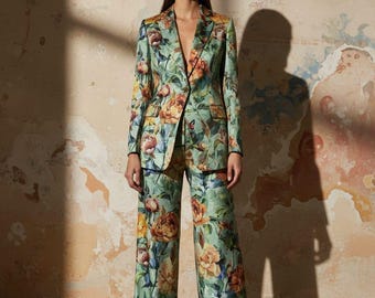 Custom Made Women's Floral Satin Pant Suit Set | Silk-Feel Blazer, Wide-Leg Trousers, 2 Piece