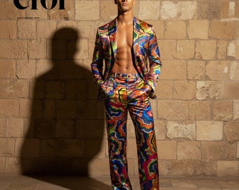 Custom Made Men's Abstract Print Suit | Colorful Blazer & Trouser Set, Retro Party Outfit